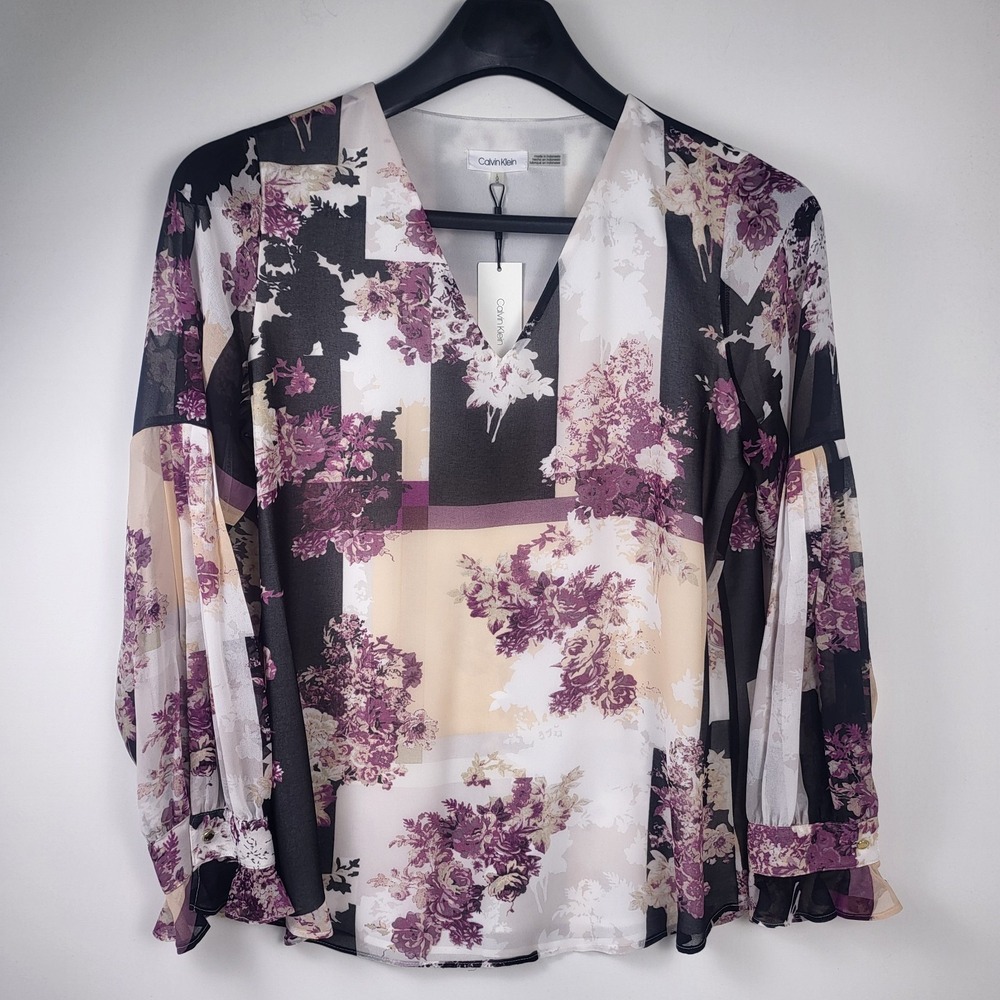 Calvin Klein Black, Cream & Purple Floral V-Neck Blouse